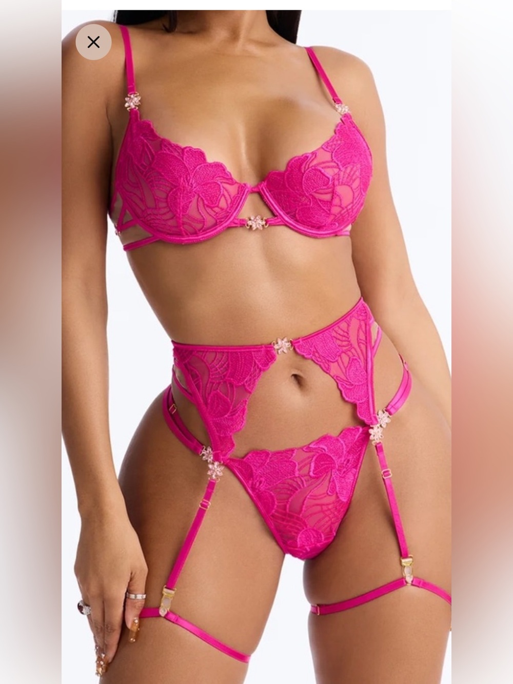 2/60$🔥Hot Pink Lace 3-Piece Lingerie Set with Garter